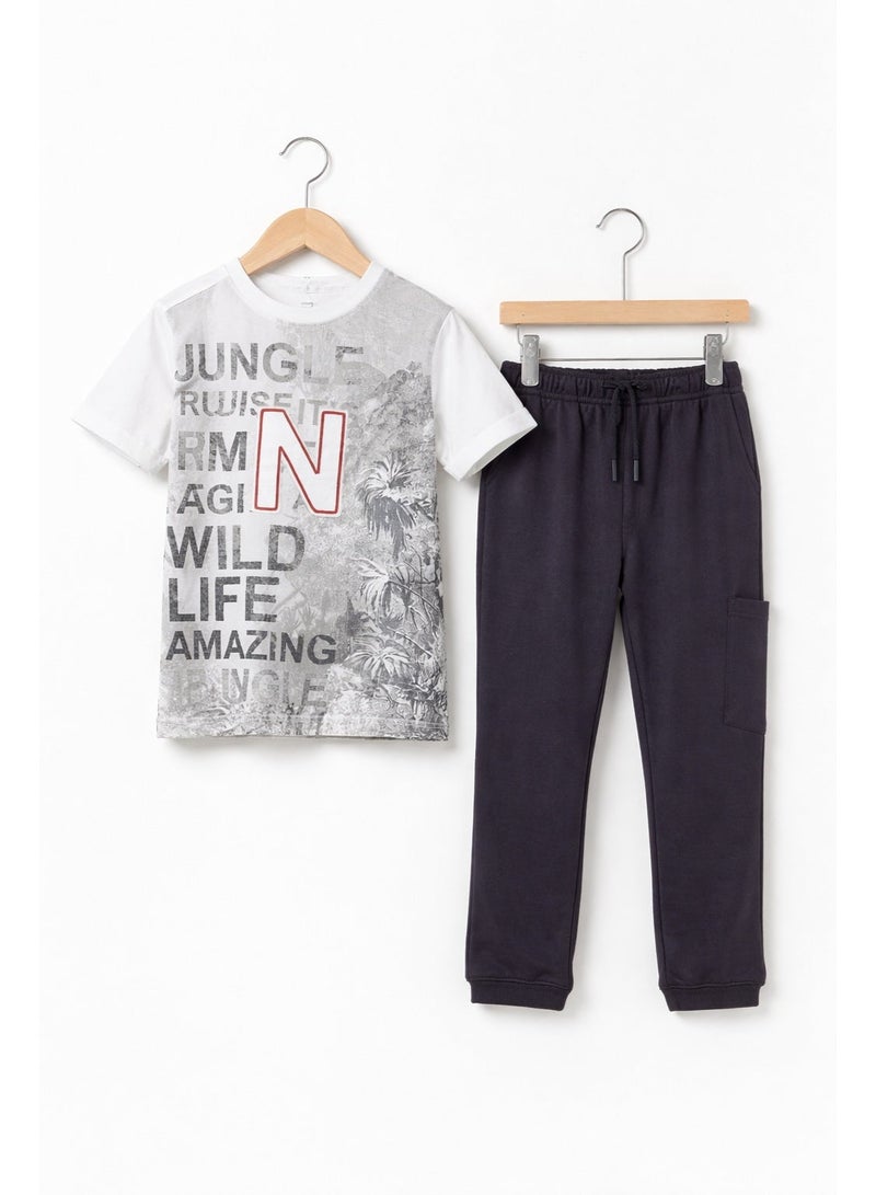 victor and jane Boys Typographic Print T-Shirt & Navy Cargo Joggers Set - Image 2